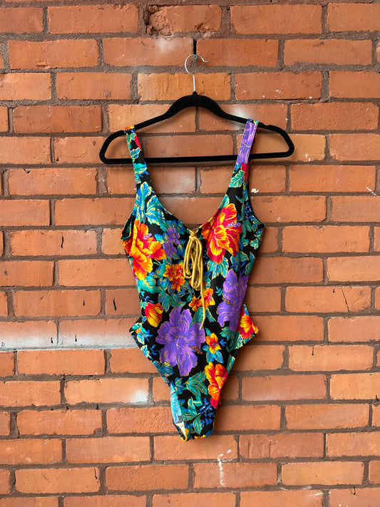 90’s Vintage Floral Lace Up Swim Suit / Size M