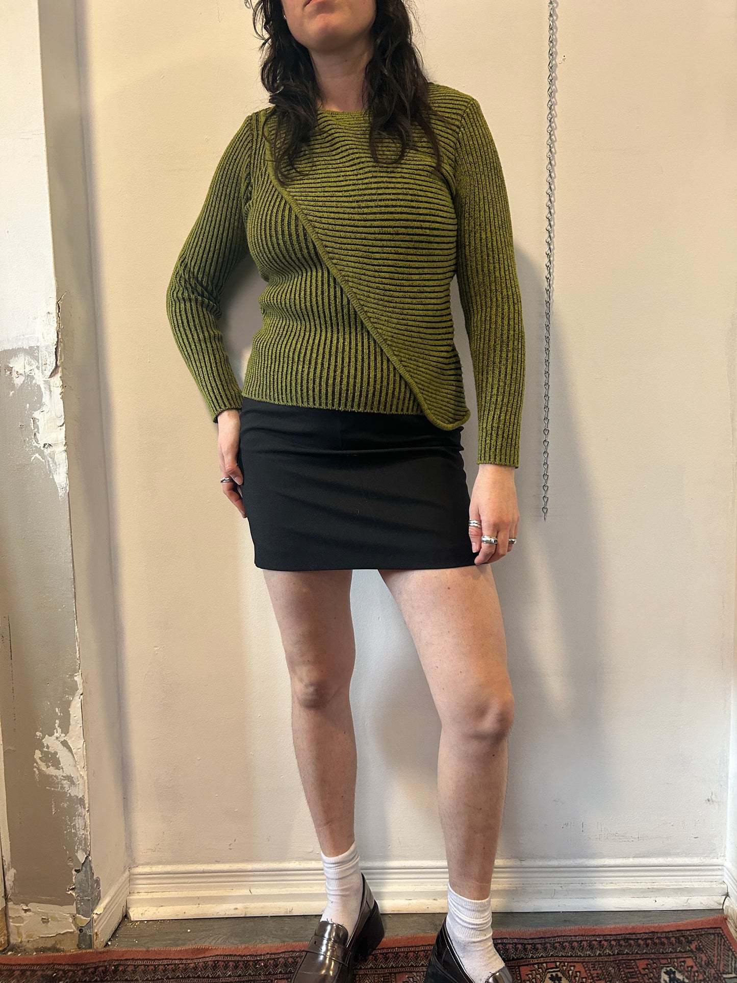 Y2K Vintage Green Ribbed Asymmetrical Knit Sweater / Size S-M