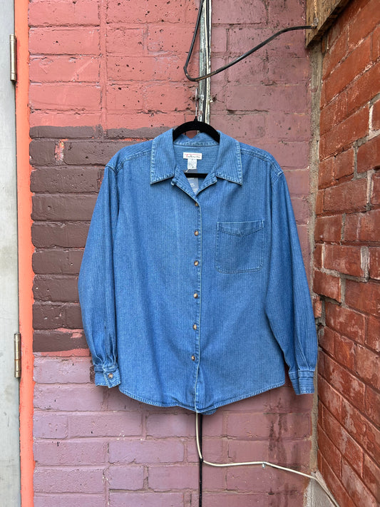 90's Vintage Blue Denim Button Down Shirt / Size S