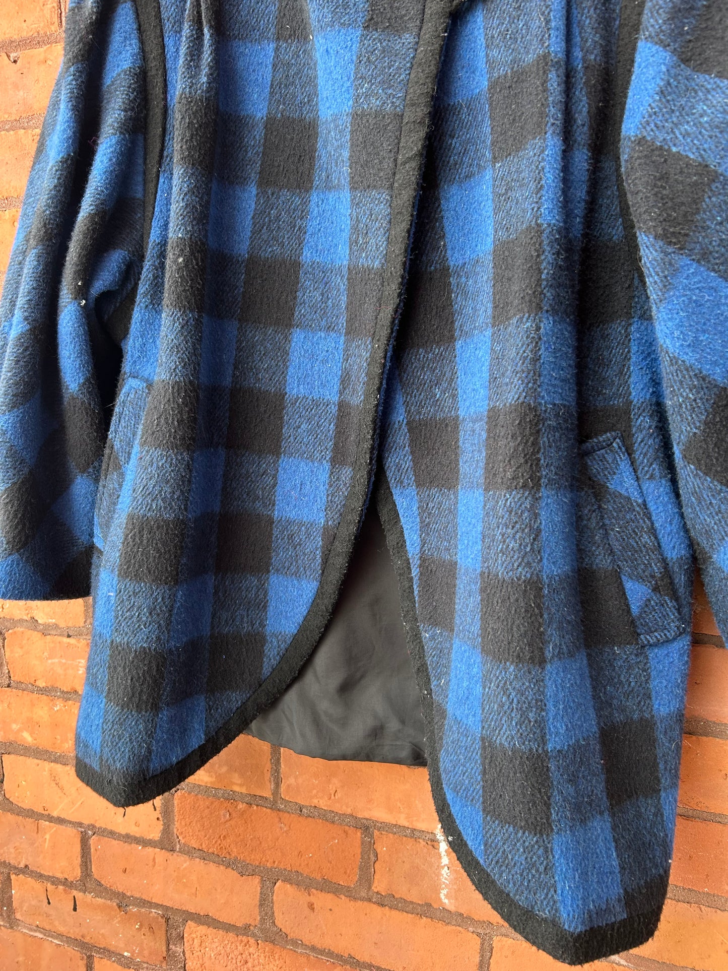 90’s Vintage Blue & Black Gingham Wool Crossover Coat / Size L-XL