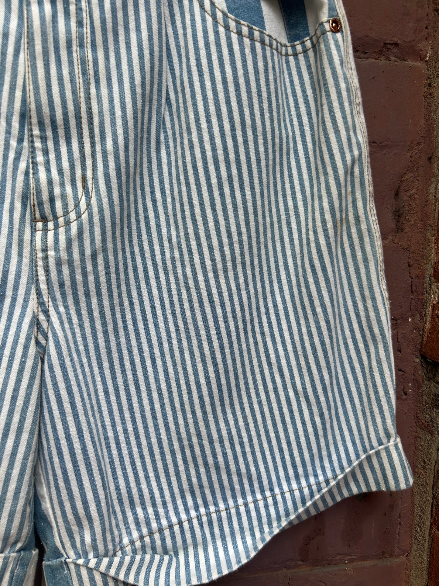 90's Vintage Blue & White Striped Cotton High Waist Shorts / 30 Waist