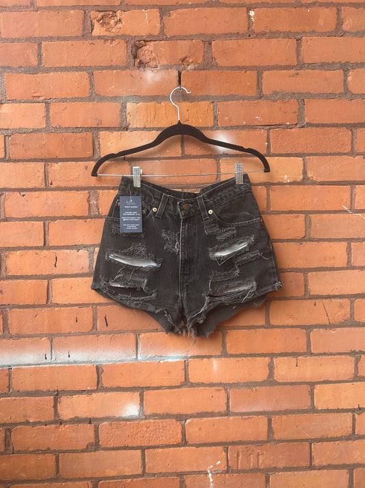 90’s Vintage Levi’s Black Thrashed Cheeky Micro Denim Shorts / 27 Waist
