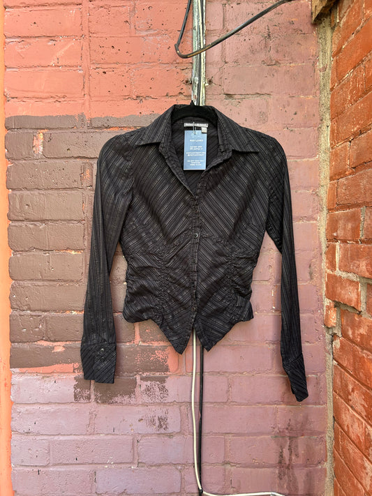 90's Vintage Black Metallic Pinstripe Fitted Blouse / Size XS