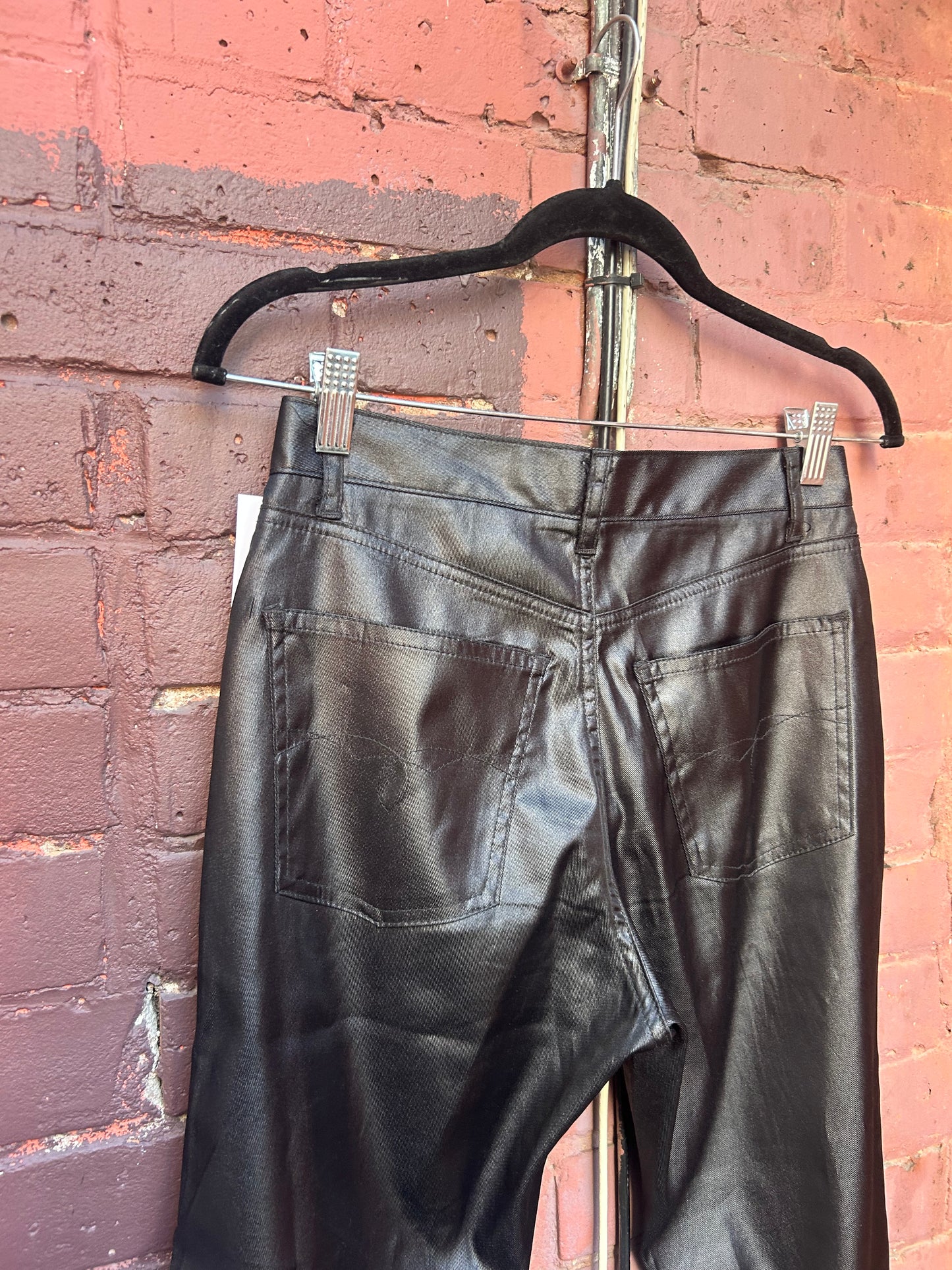 90's Vintage Black Wet Look Low Rise Flare Pants / 28 Waist