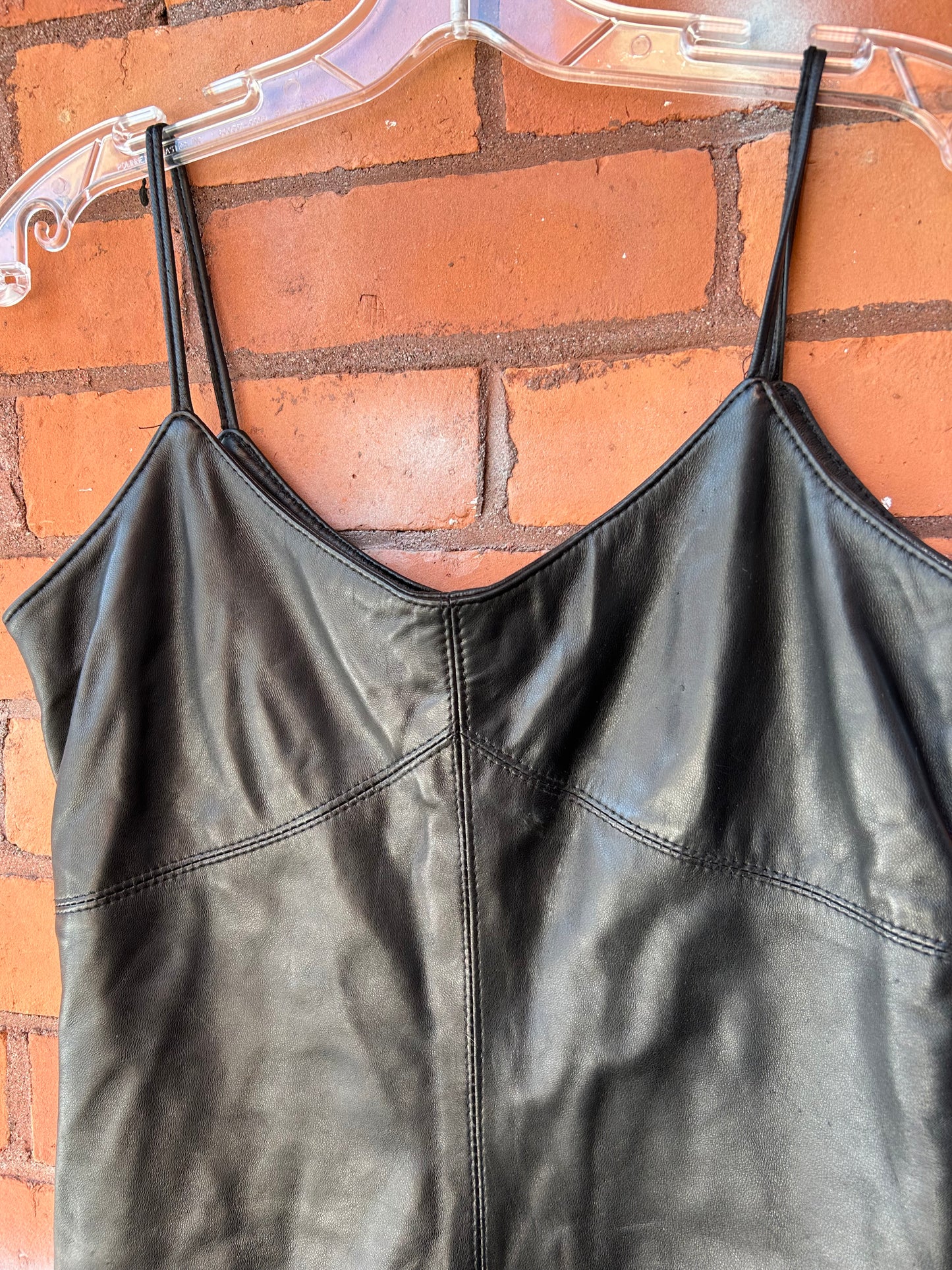 90’s Vintage Black Leather Mini Dress / Size 8