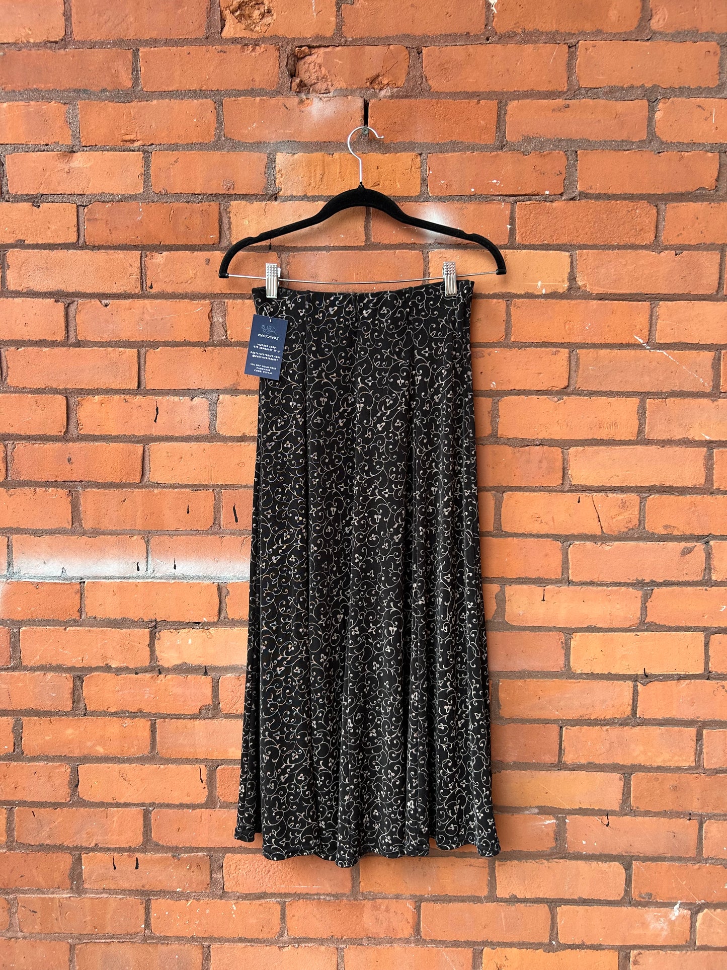 90's Vintage Black & Lavender Vines Slinky Maxi Skirt / 26 - 30 Waist