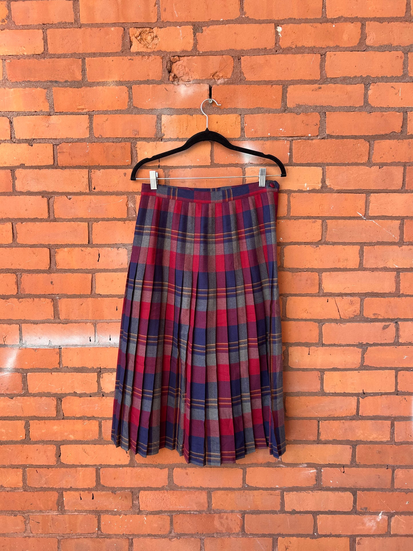 70’s Vintage Magenta & Blue Plaid Wool Midi Skirt / 28 Waist