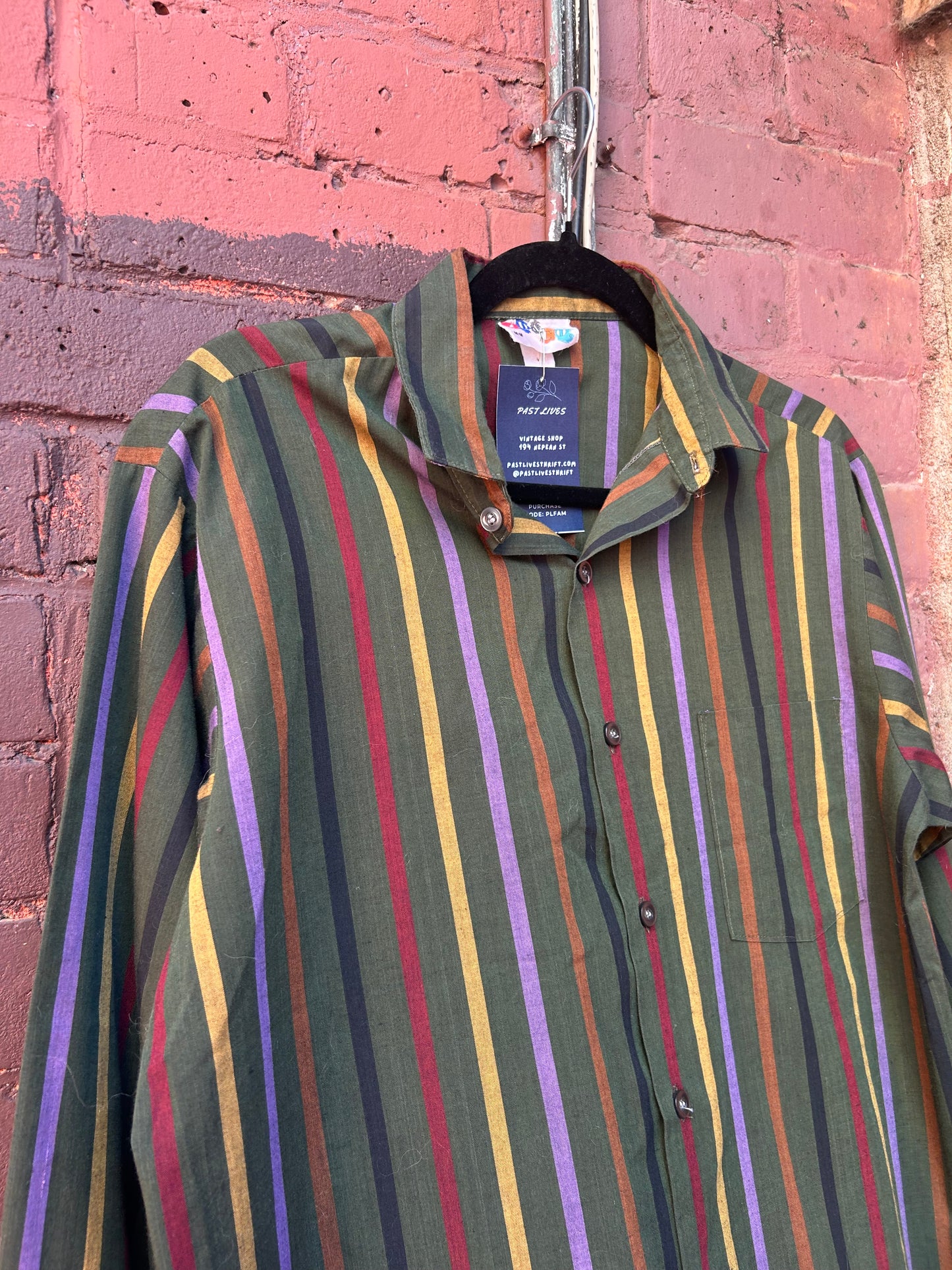 90's Vintage Green & Rainbow Striped Button Down Shirt / Size M