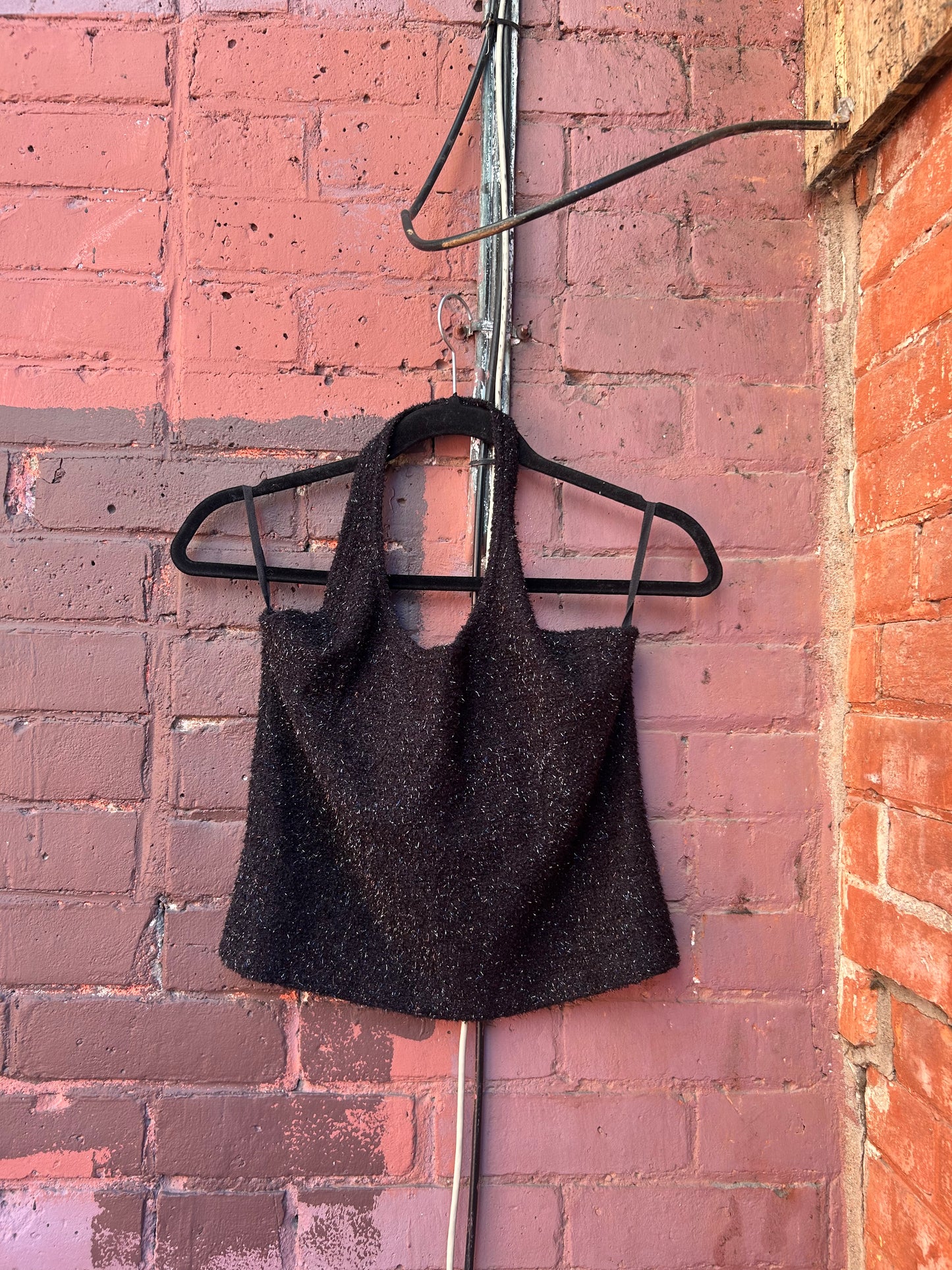 90's Vintage Fuzzy Sparkly Black Halter Top / Size M