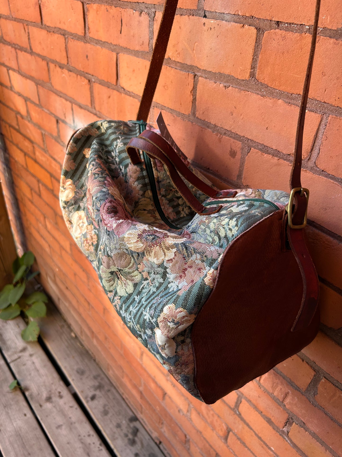 90’s Vintage Floral Tapestry & Brown Leather Duffle Bag