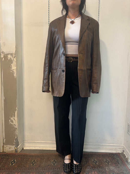 90’s Vintage Faded Brown Leather Blazer / Size L