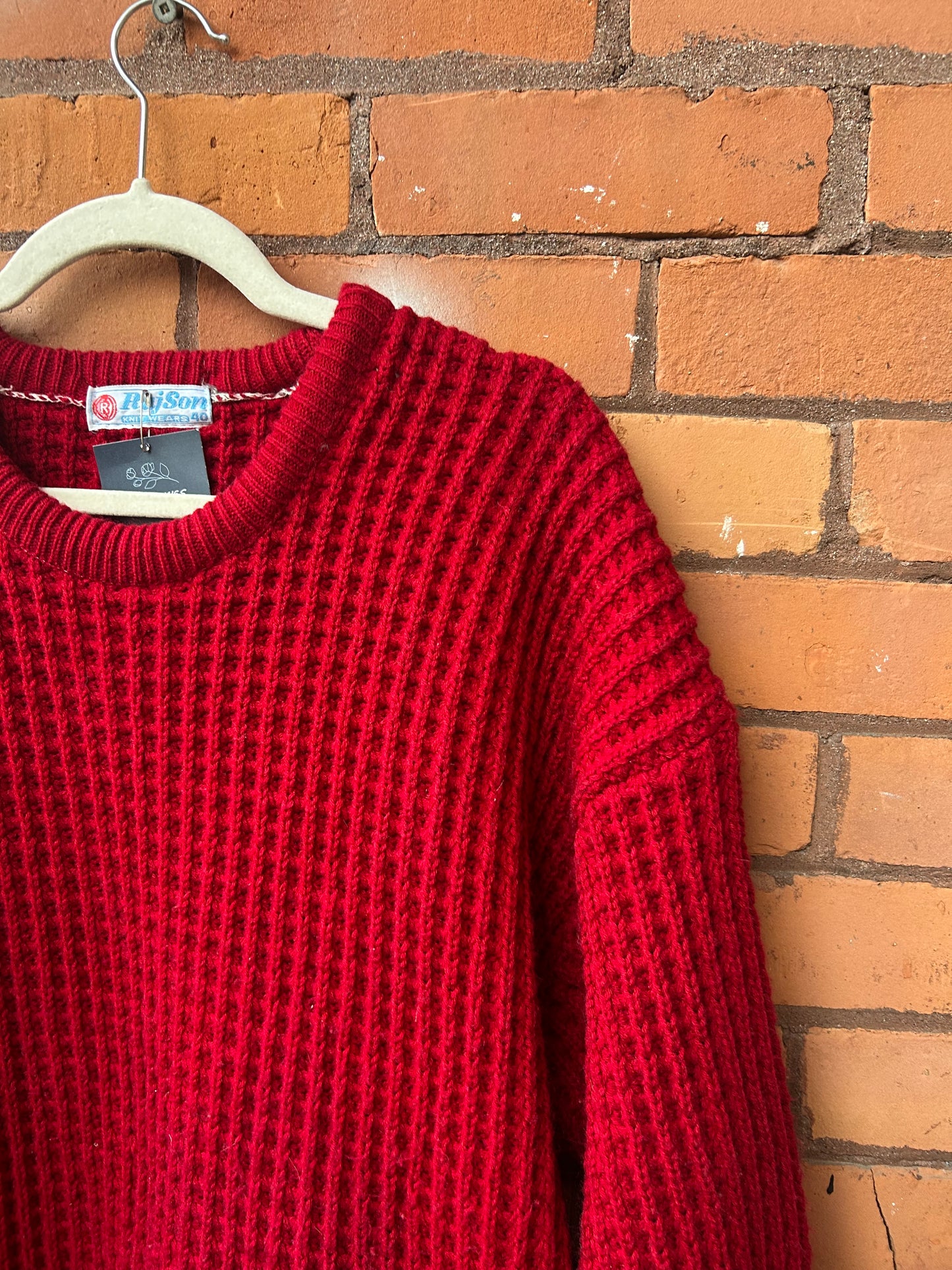 90’s Vintage Red Wool Waffle Knit Sweater / Size XL