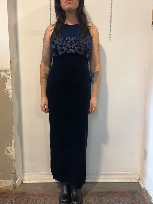 90’s Vintage Midnight Blue Velvet High Neck Maxi Dress / Size 6-8