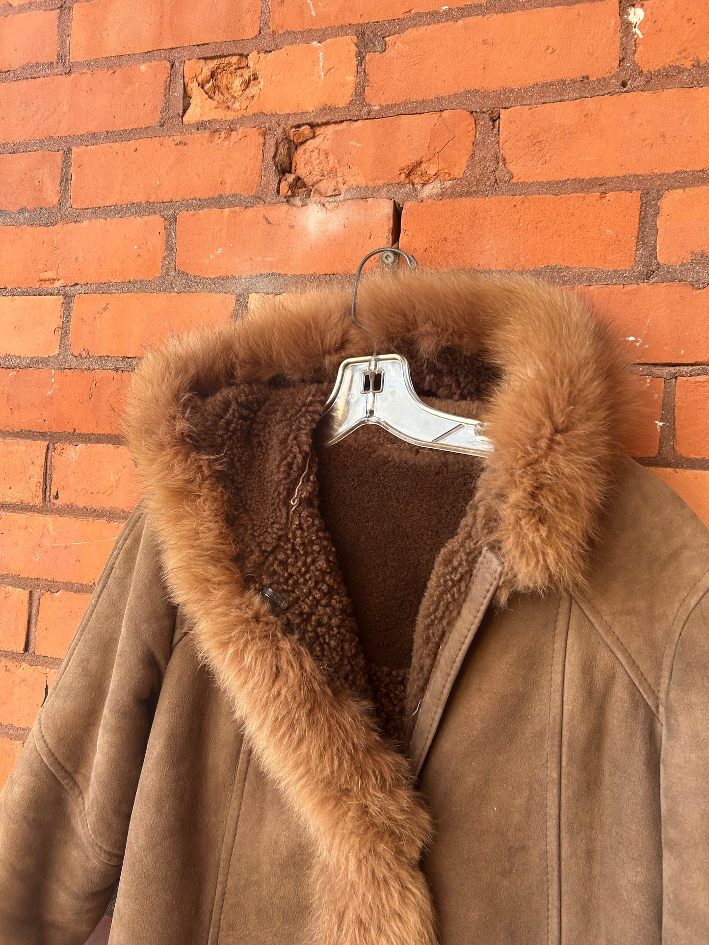 80’s Vintage Brown Sheepskin & Fur Trim Hooded Coat / Size S