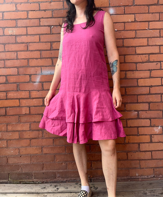 90’s Vintage Bright Pink Linen Drop Waist Midi Dress / Size XS-L