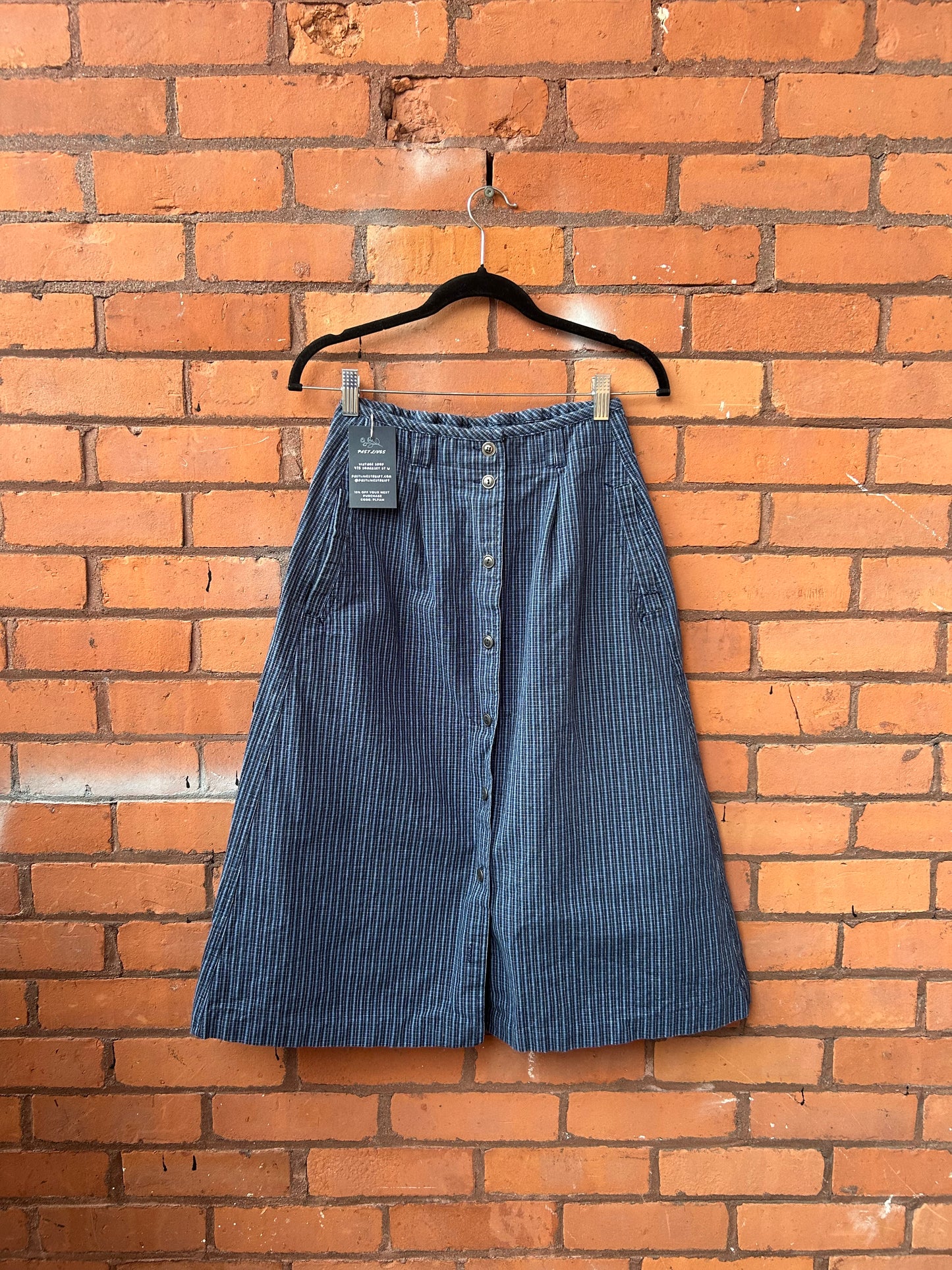 90’s Vintage Blue Plaid Button Down Midi Skirt / 24-28 Waist