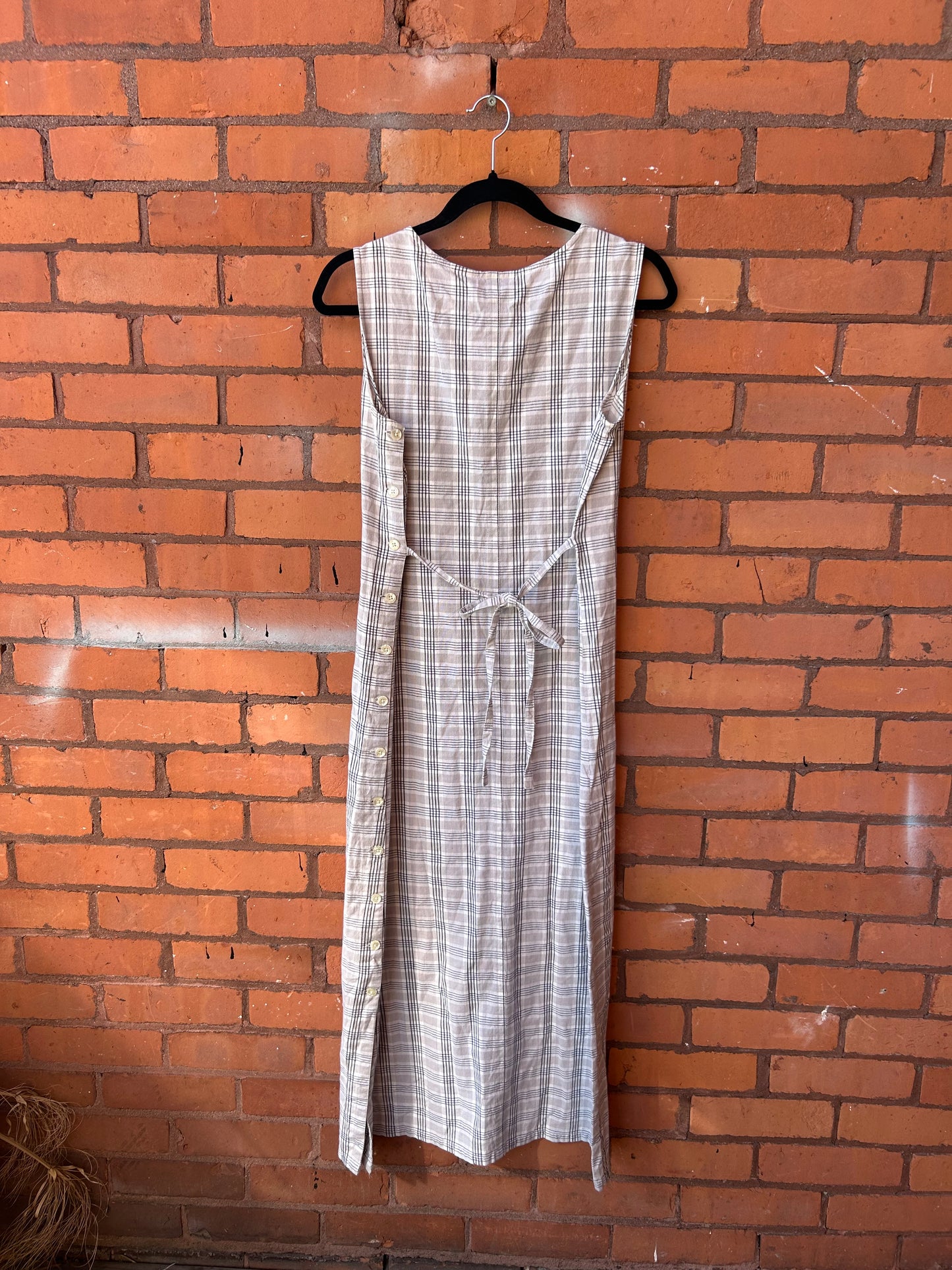 90’s Vintage Beige & White Plaid Cotton Button Side Maxi Dress/ Size M