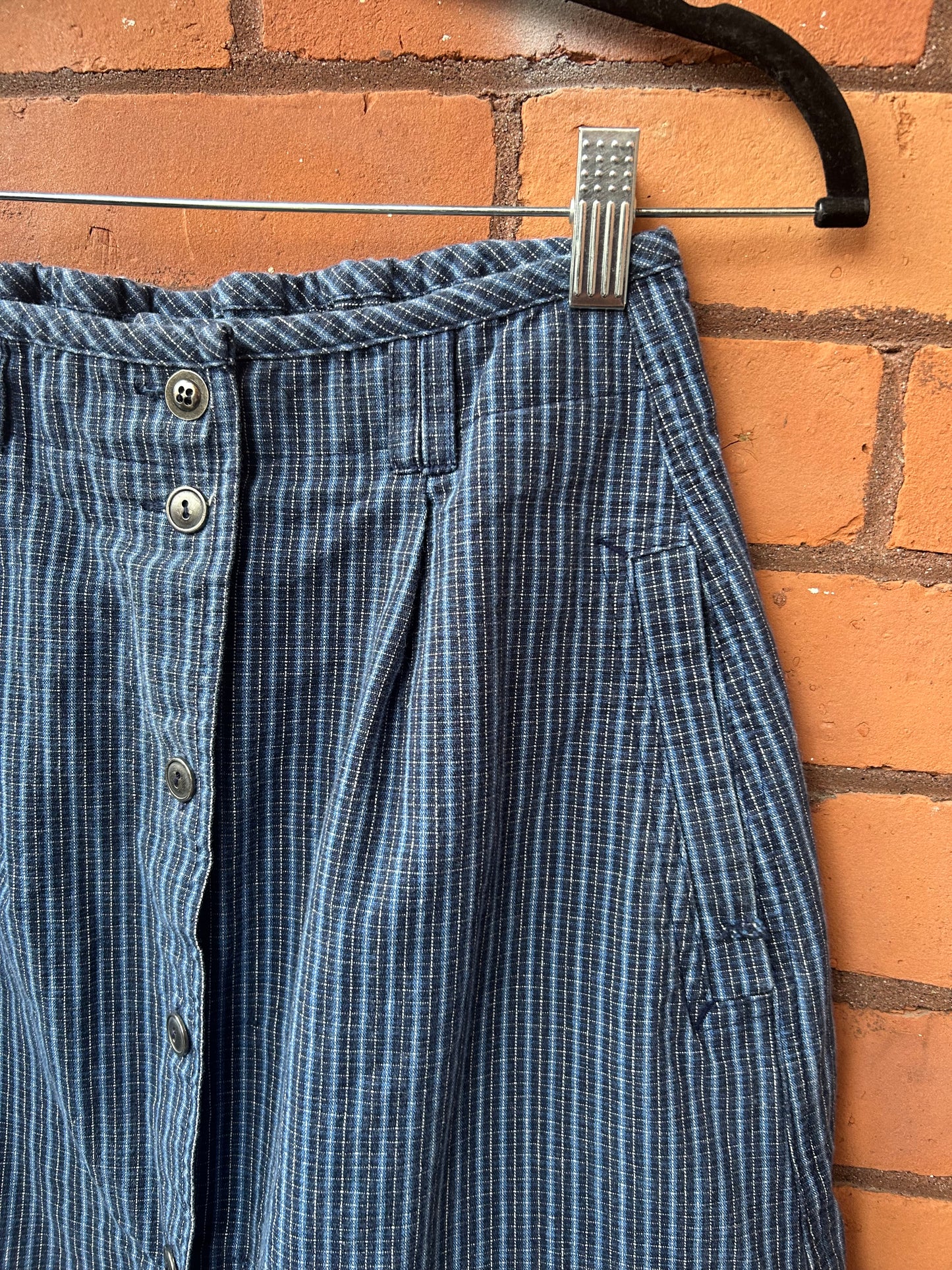 90’s Vintage Blue Plaid Button Down Midi Skirt / 24-28 Waist