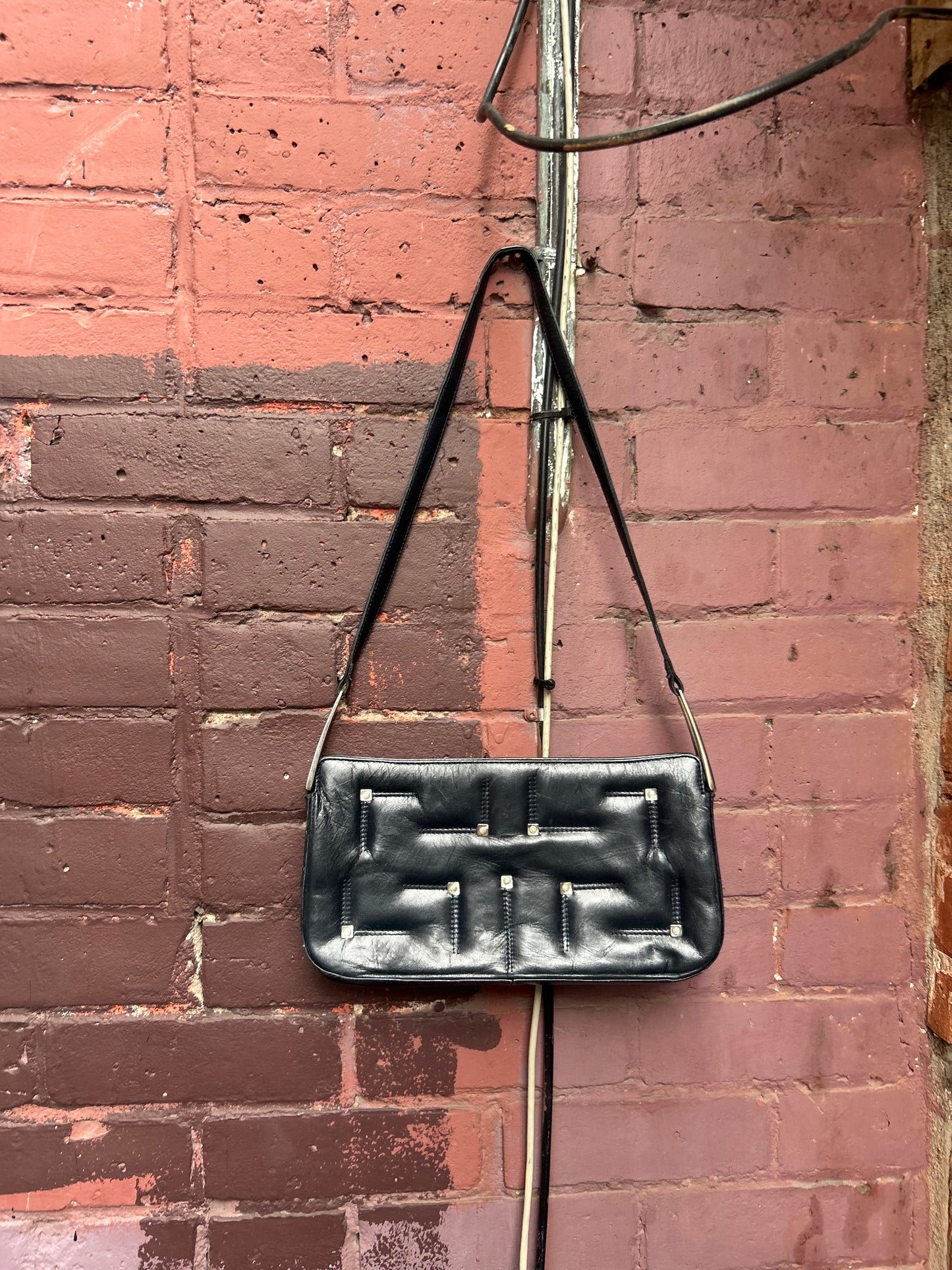 90's Vintage Midnight Navy Leather Studded Shoulder Purse