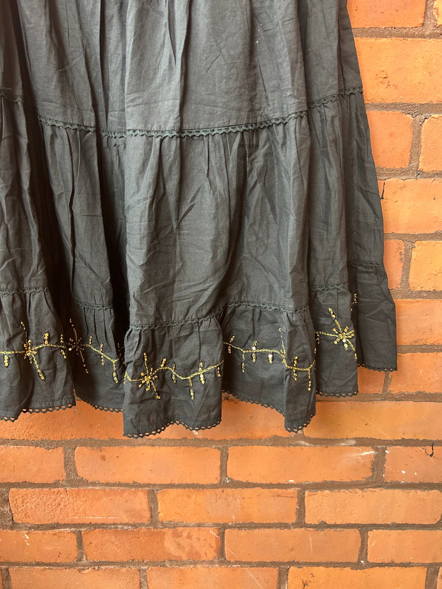 Y2K Vintage Black Cotton Gold Sequin Tiered Midi Skirt / 28 Waist