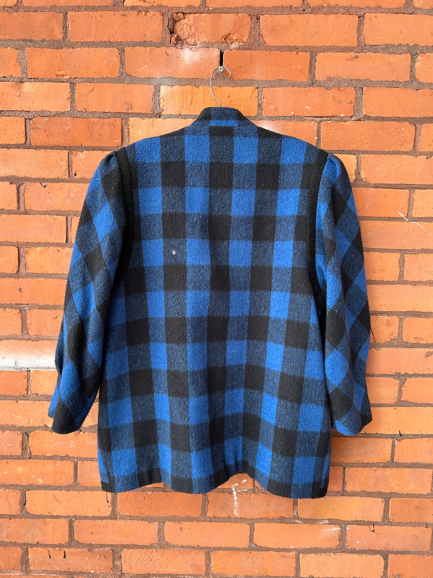 90’s Vintage Blue & Black Gingham Wool Crossover Coat / Size L-XL