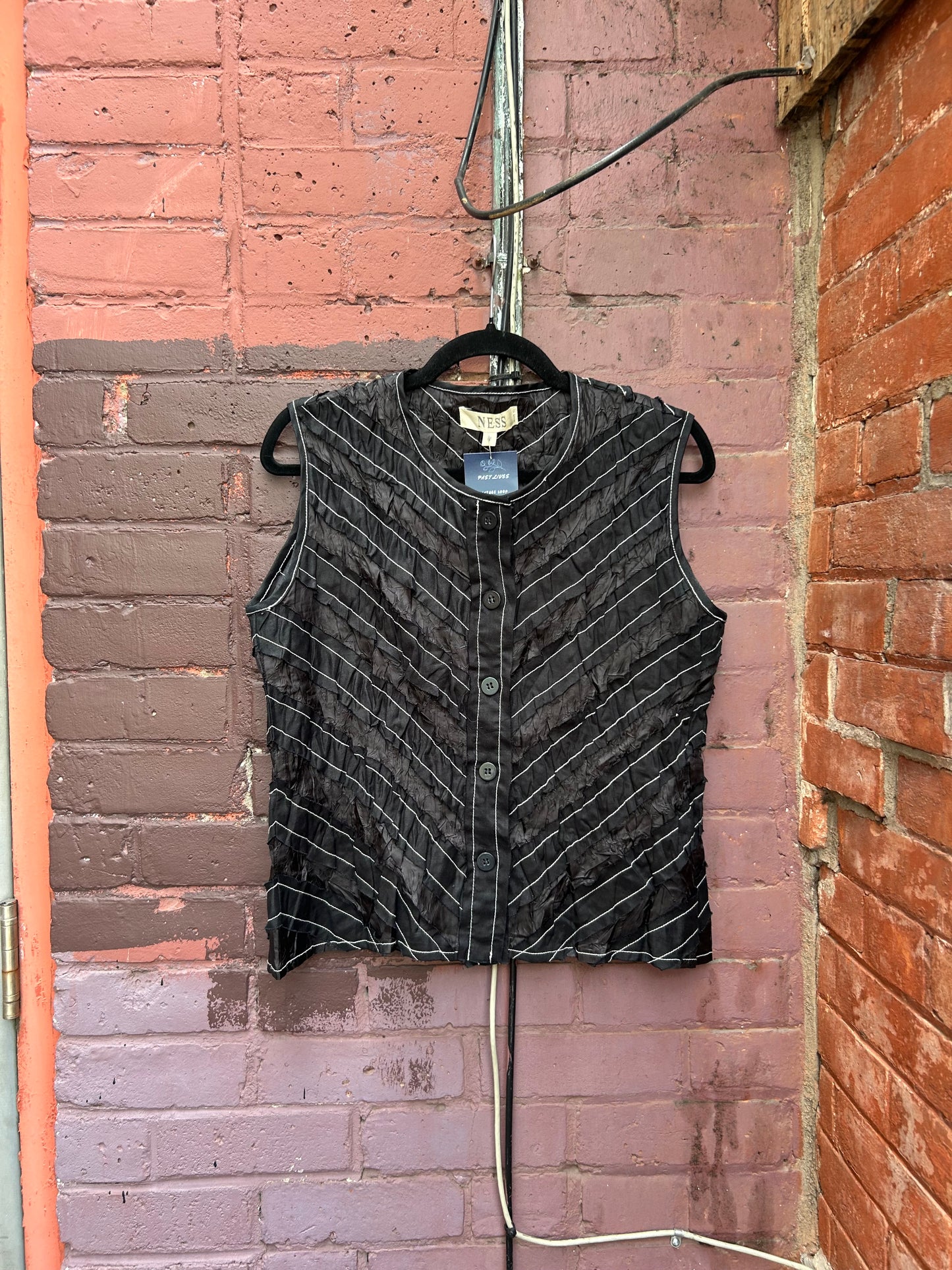 90's Vintage Black & White Pinstripe Textured Button Up Tank / Size M