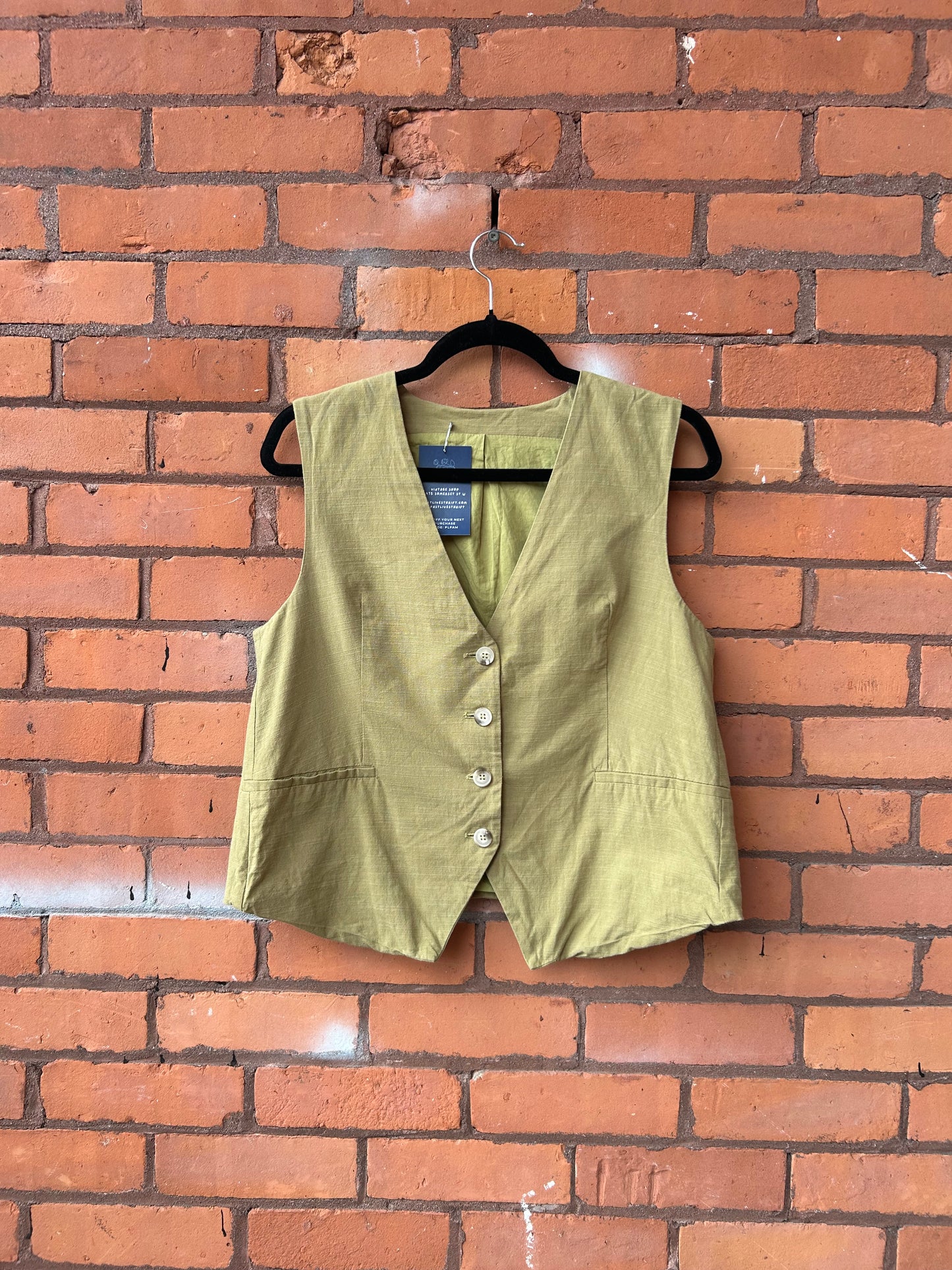 90's Vintage Chartreuse Linen Vest / Size L