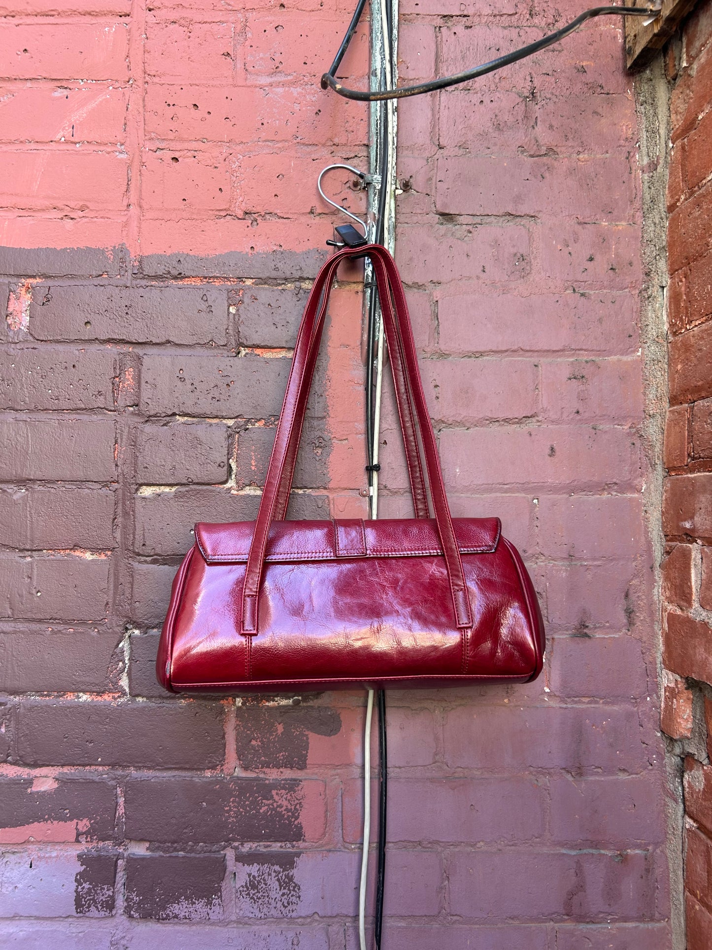 90’s Vintage Faux Red Leather Buckle Shoulder Purse