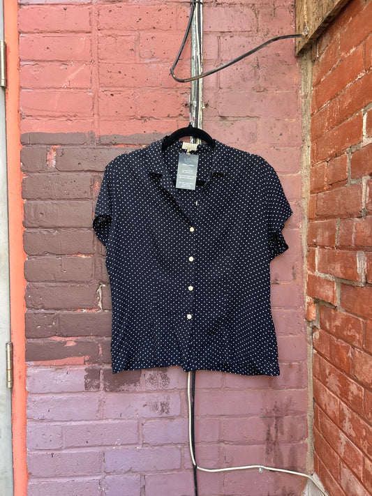 90's Vintage Navy & White Polka Dot Short Sleeve Blouse / Size L