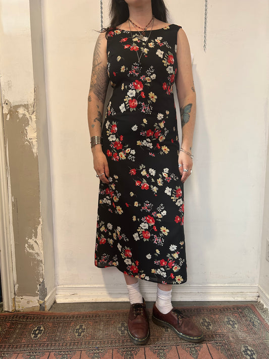 90’s Vintage Black Floral High Neck Maxi Dress / Size 8