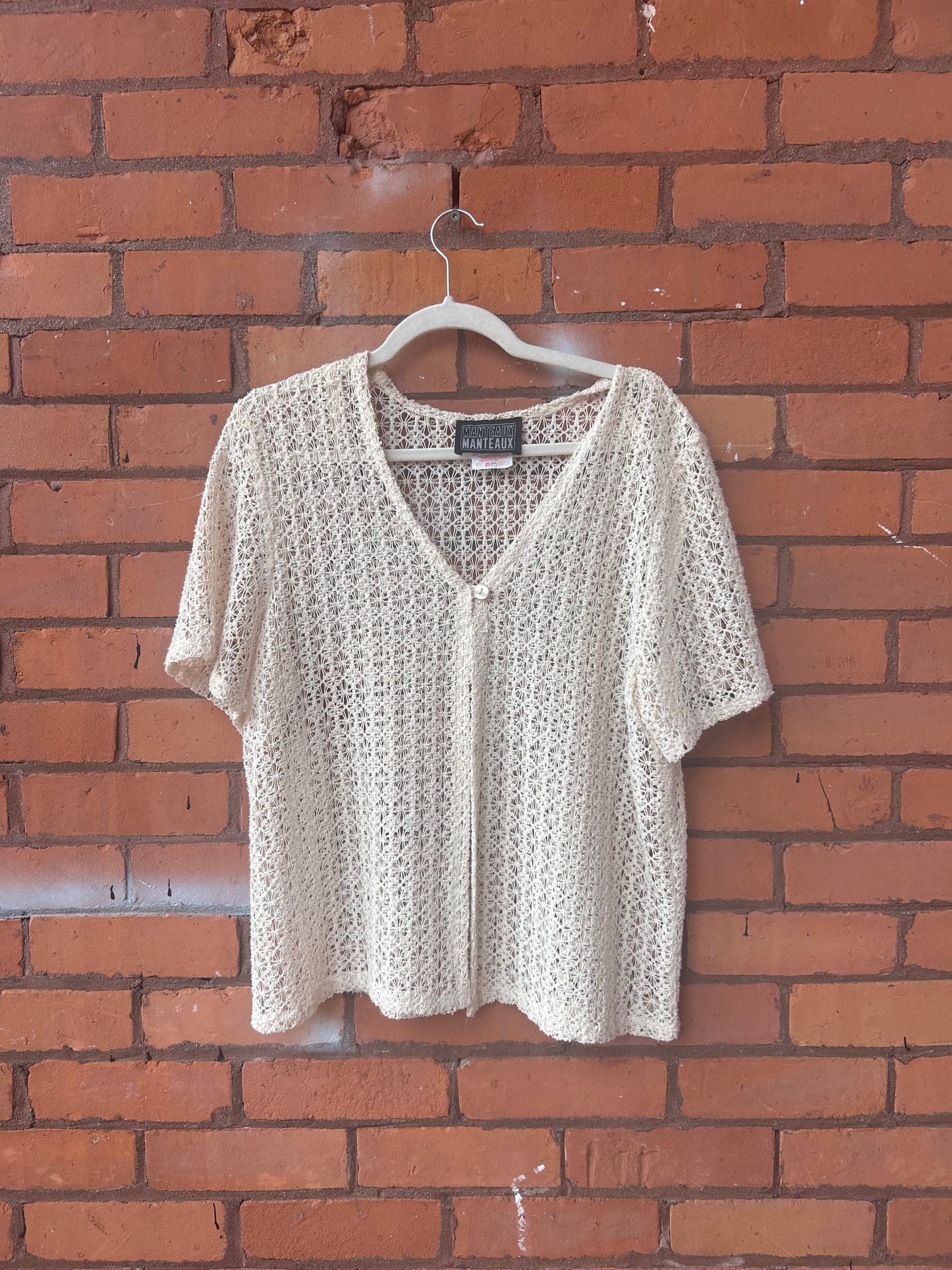 90's Vintage Cream Knit Sheer One Button Blouse / Size L