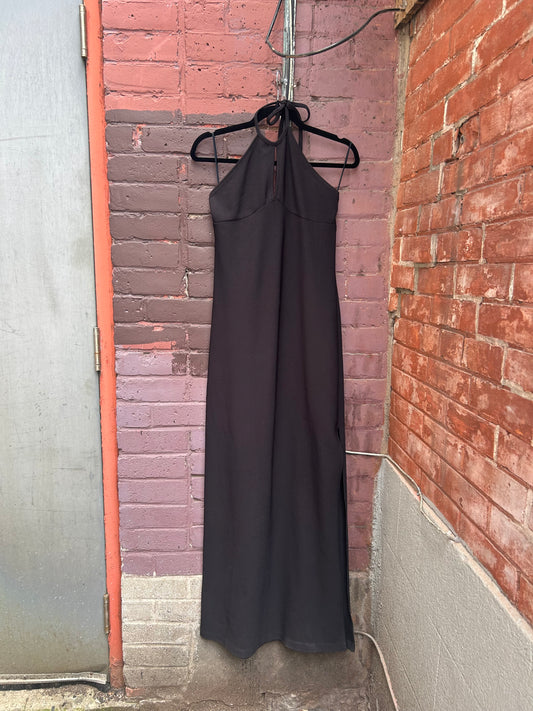 90's Vintage Black Halter Keyhole Maxi Dress / Size S