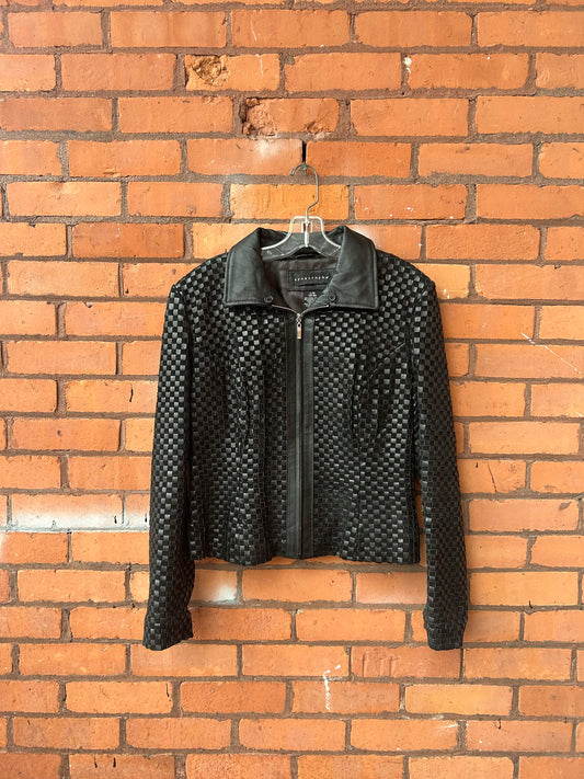 Y2K Vintage Black Woven Leather Jacket / Size M