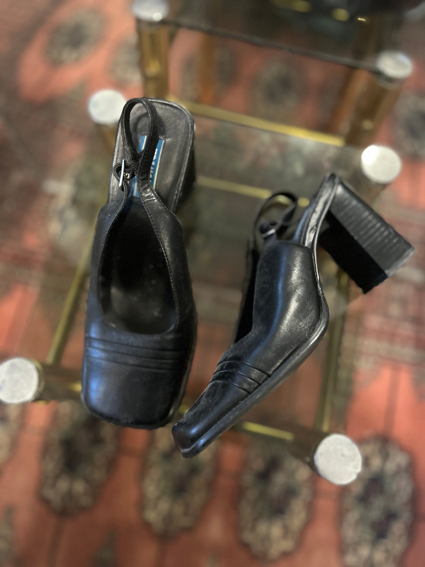 90’s Vintage Black Leather Square Toe Sling Back Chunky Heels / Size 5.5
