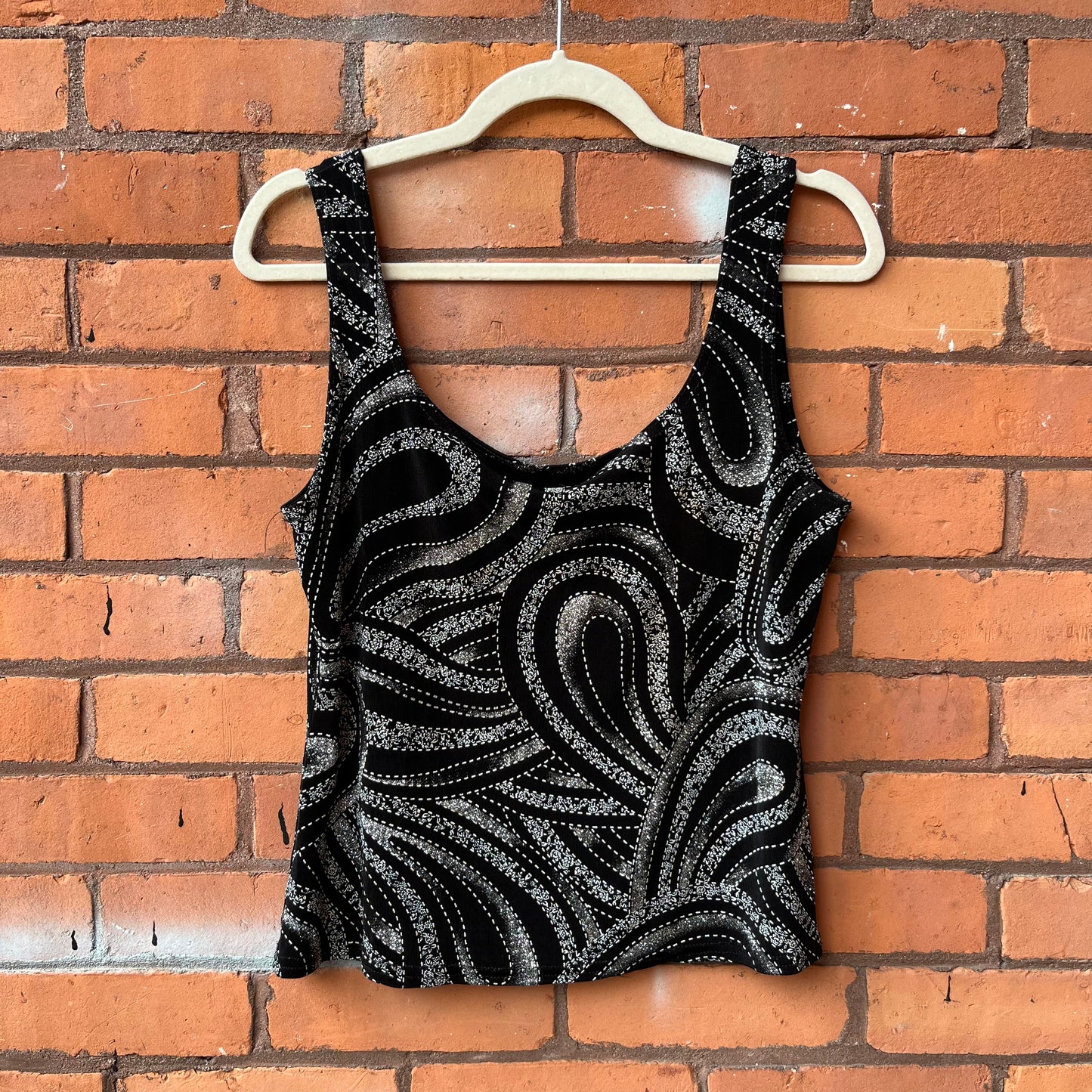 90’s Vintage Black & Silver Sparkly Funky Tank Top / Size XL