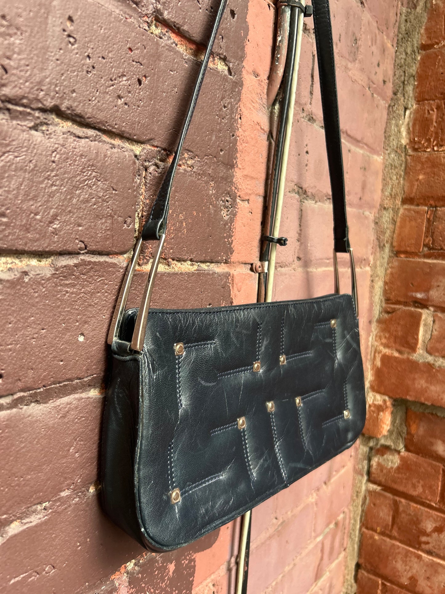 90's Vintage Midnight Navy Leather Studded Shoulder Purse