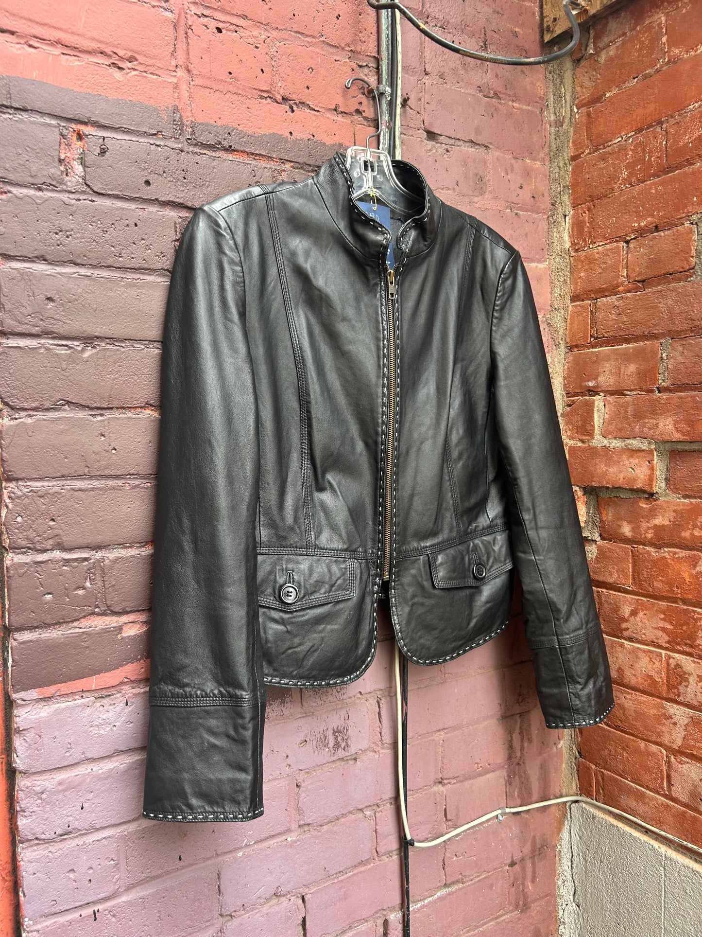 Y2K Vintage Black Leather Contrast Stitch Zip Up Jacket / Size L