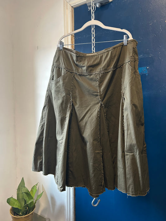 Y2K Vintage Green Frayed Cotton Midi Skirt / 38 Waist