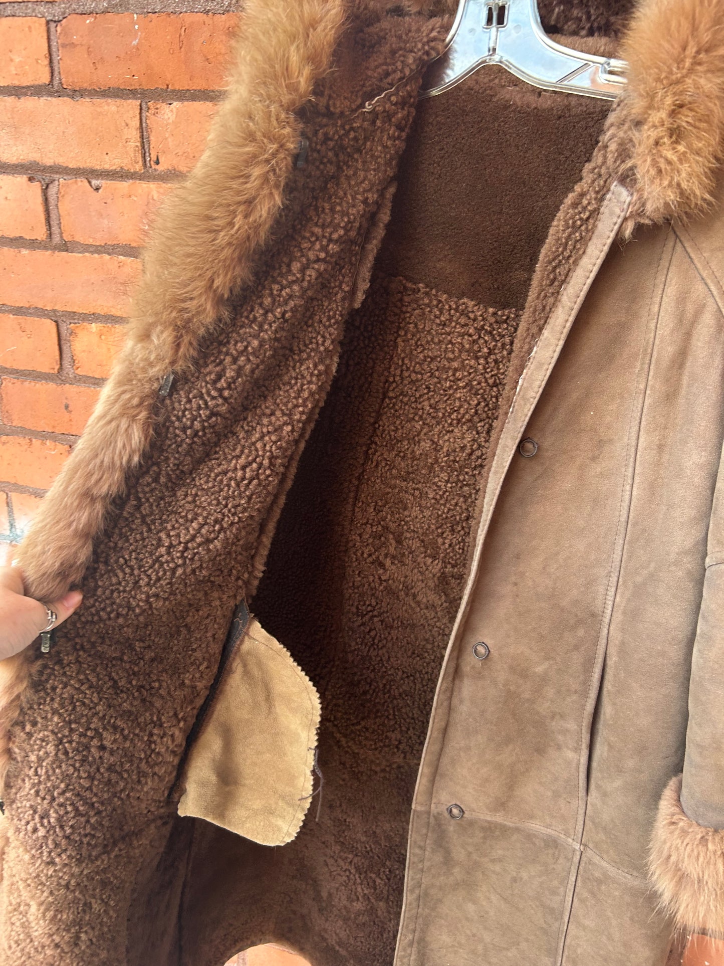 80’s Vintage Brown Sheepskin & Fur Trim Hooded Coat / Size S
