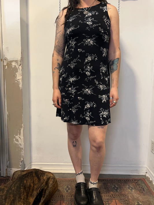 90’s Vintage Slinky Black & White Floral High Neck Mini Dress / Size M