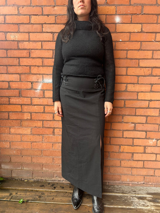 Y2K Vintage Black Lace Up Maxi Skirt / 32 Waist