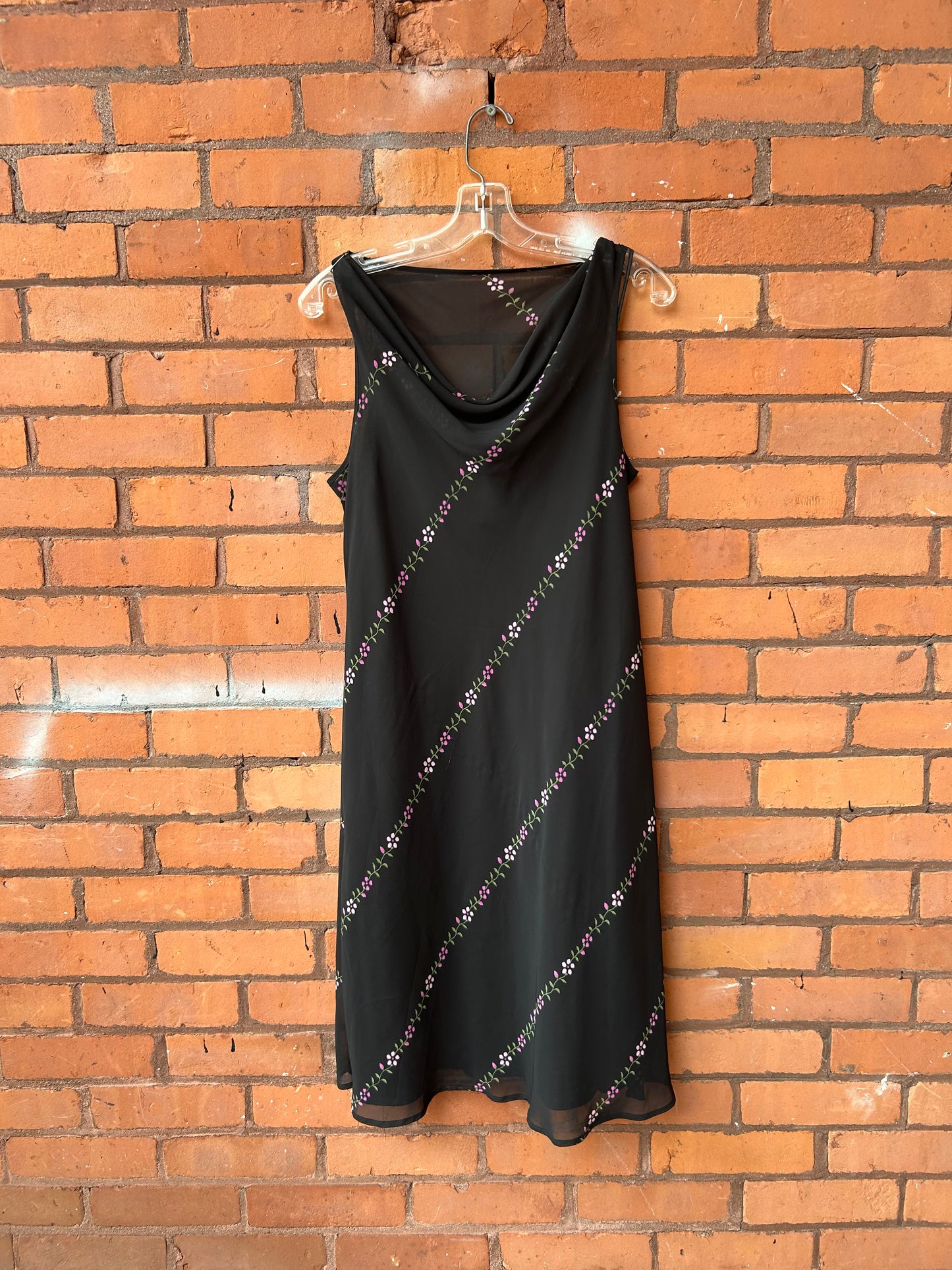 90’s Vintage Black & Pink Floral Overlay Midi Dress / Size 14-16