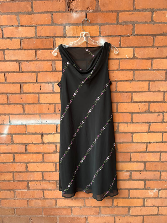 90’s Vintage Black & Pink Floral Overlay Midi Dress / Size 14-16