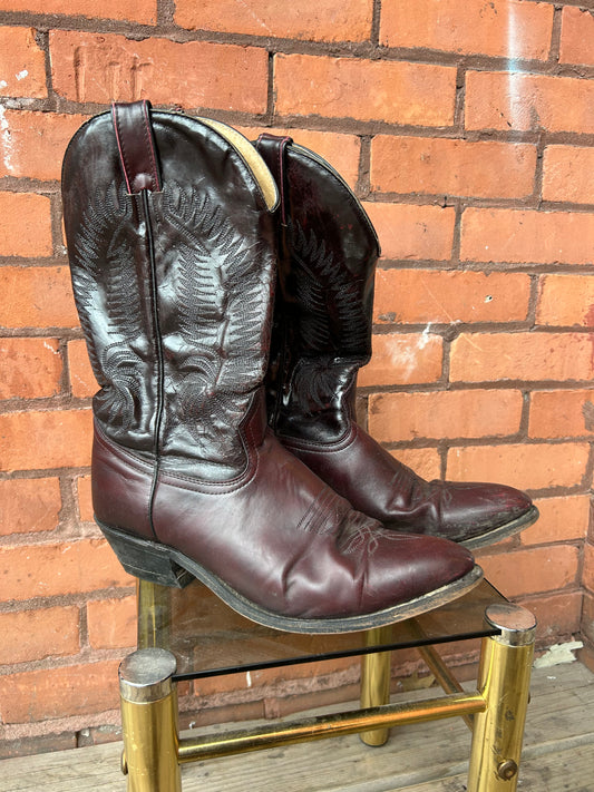 80’s Vintage Burgundy Black Leather Cowboy Boots / Size 10