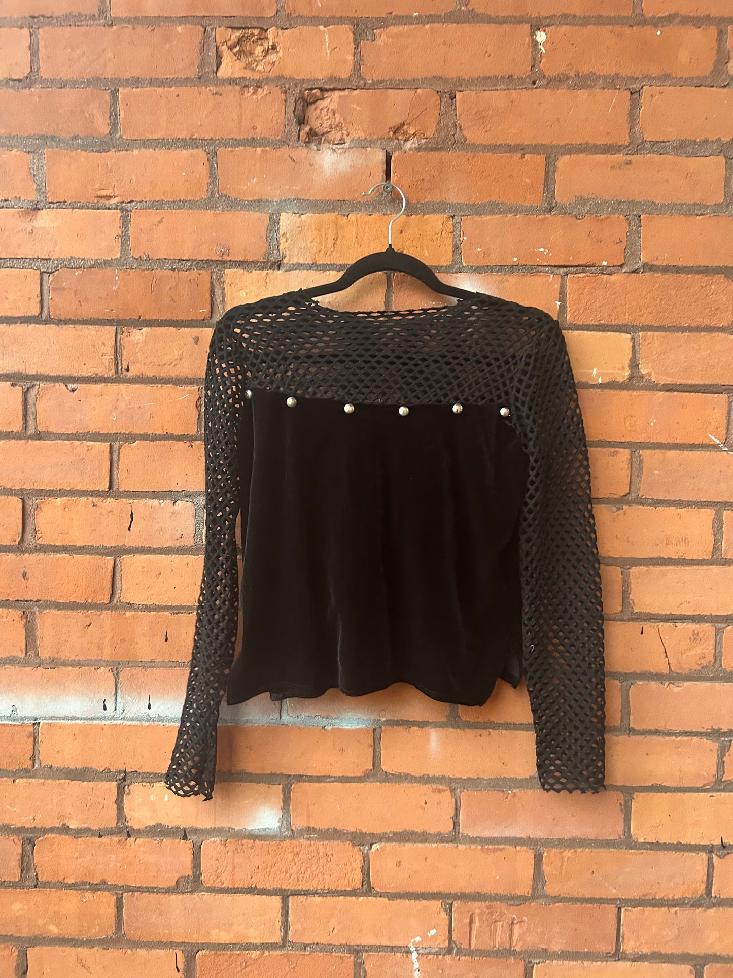90’s Vintage Black Velvet Fishnet Long Sleeve Top / Size S