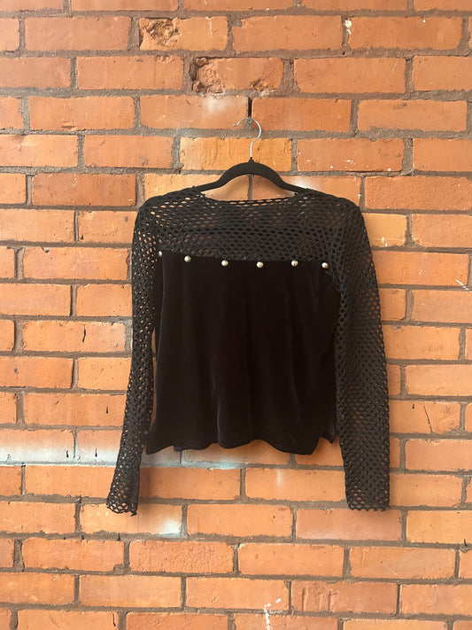 90’s Vintage Black Velvet Fishnet Long Sleeve Top / Size S
