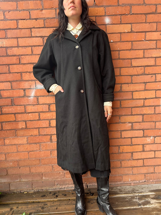 90’s Vintage Black Wool Overcoat / Size M