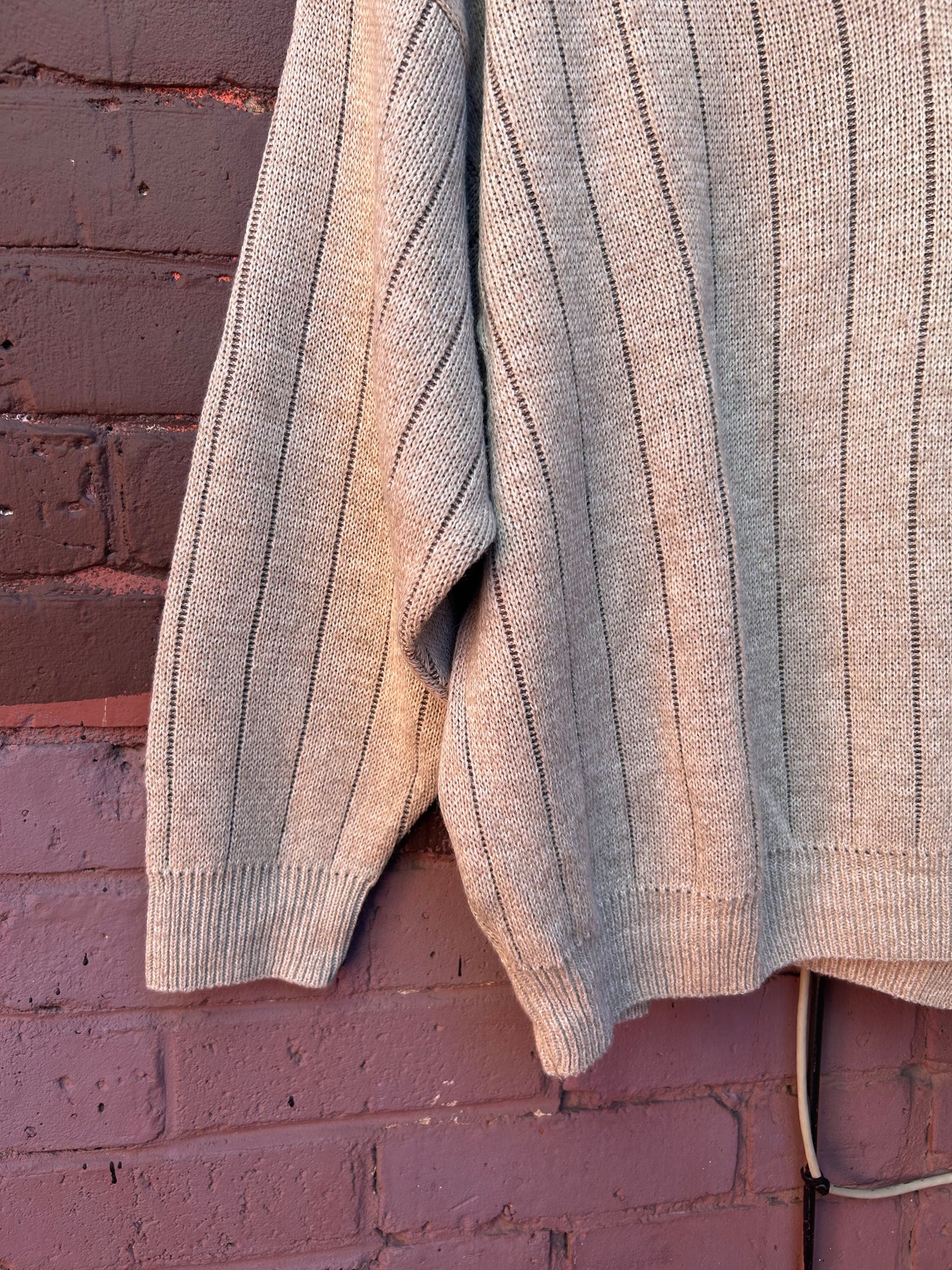 90's Vintage Beige & Brown Striped V-Neck Knit / Size XXL
