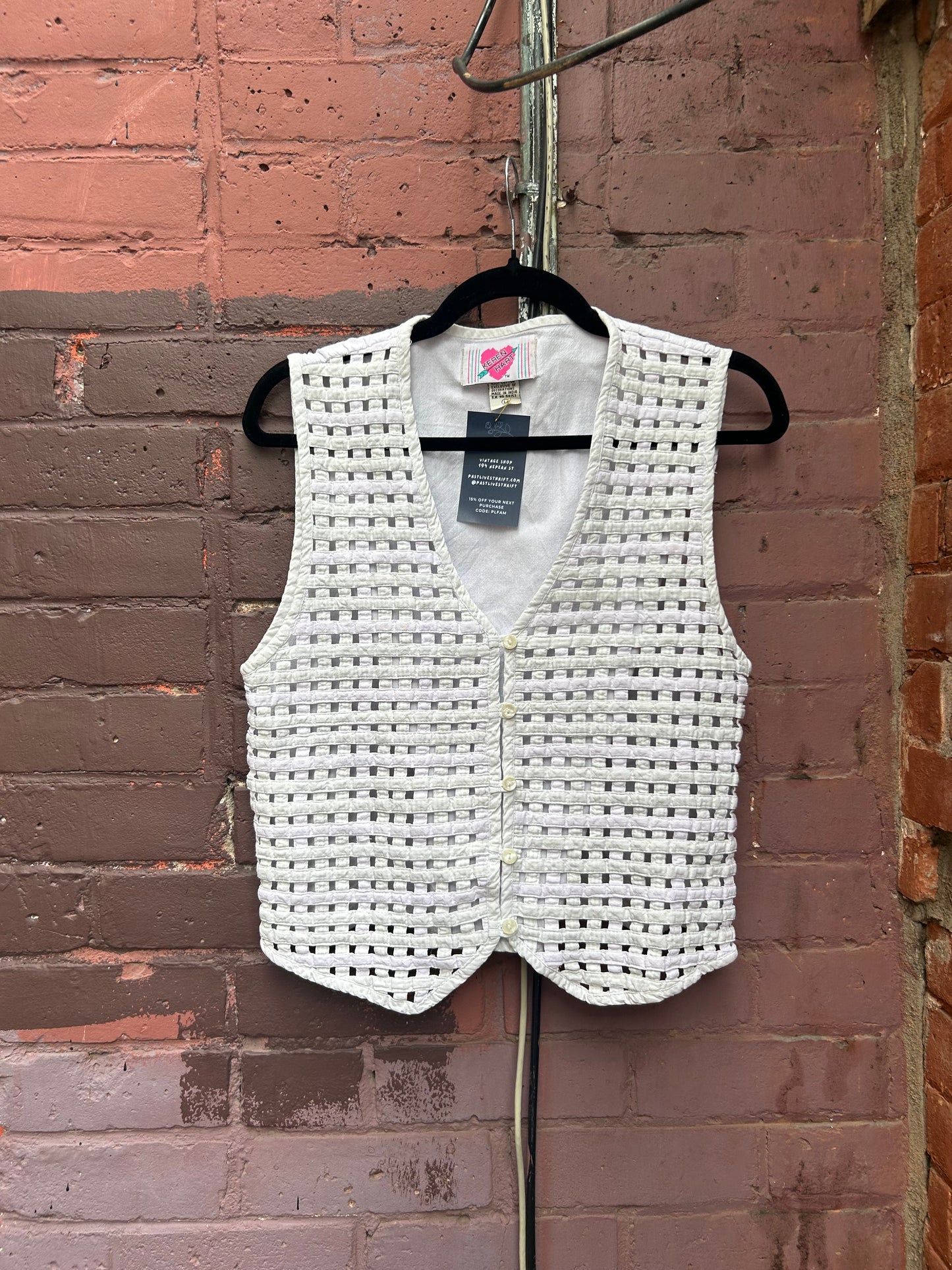 90’s Vintage Faded Pastel & White Cotton Lattice Vest / Size L