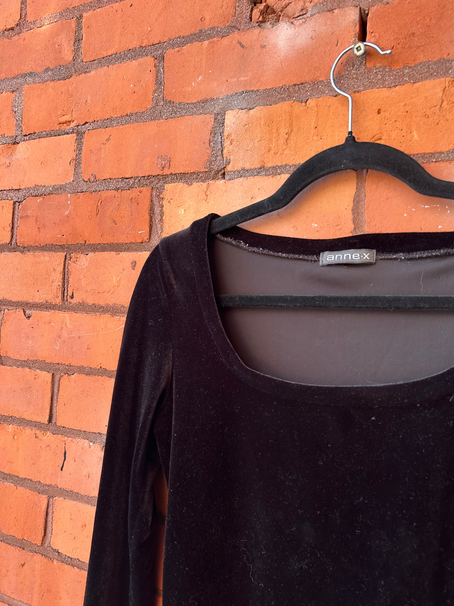 90’s Vintage Black Velvet Scoop Neck Long Sleeve Top / Size S
